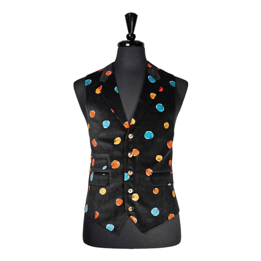 Mens Velvet Vest 42R Black Orange Blue Polka Dot Waistcoat Formal Wedding Party